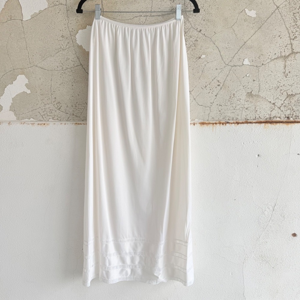 Vintage Maxi Slip Long Skirt White Nylon Lace Hem Underskirt Side Slit Sears Med
